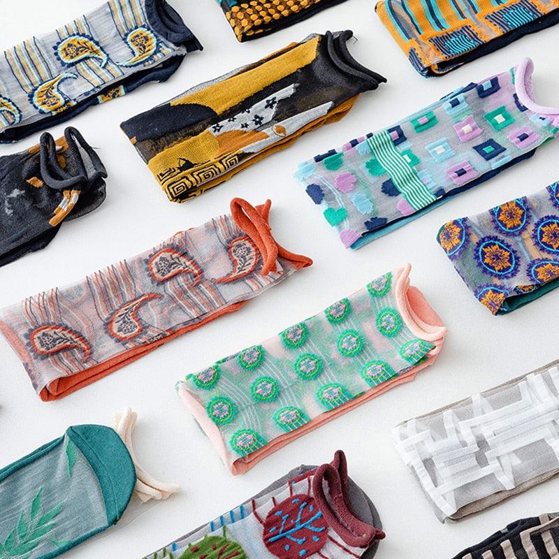 Fashion Women Socks New Spring Summer Mesh Thin Long Printed Socks Women Casual Breathable Fresh Flower Socks Korea Style Color Thin Socks For Women