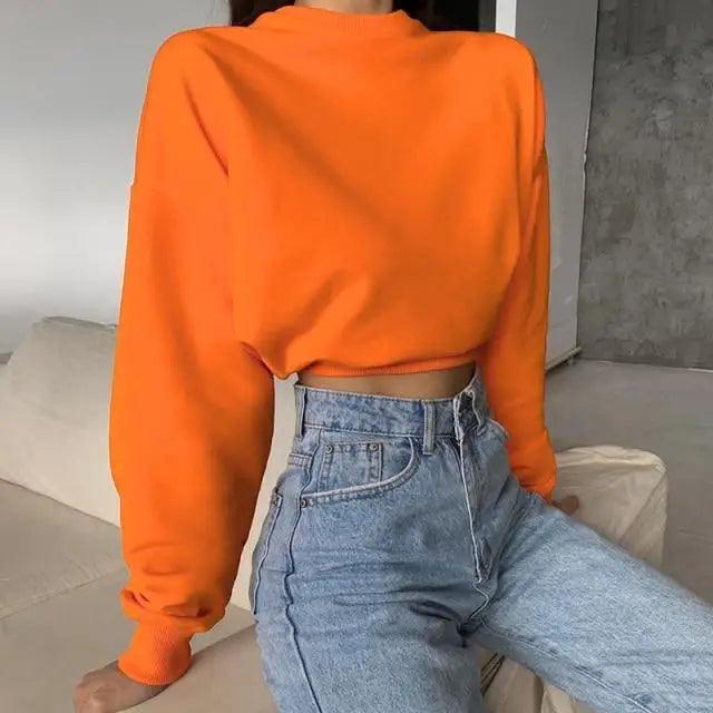 Fashion Women Solid Color Loose Sweatshirts Pullover Tops Long Sleeve Round Collar Crop Tops Ladies Plain Sweet Sweatshirts Neon Crop Top Hoodies for Women Casual Long Sleeve Cropped Hooded Sweatshirt