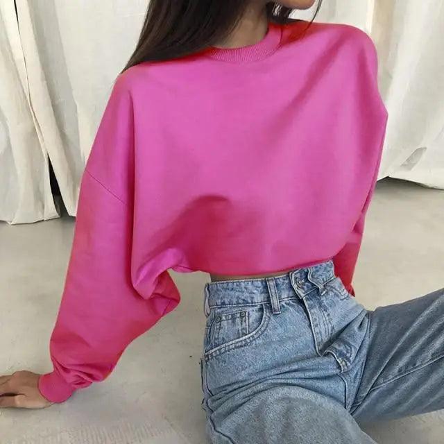 Fashion Women Solid Color Loose Sweatshirts Pullover Tops Long Sleeve Round Collar Crop Tops Ladies Plain Sweet Sweatshirts Neon Crop Top Hoodies for Women Casual Long Sleeve Cropped Hooded Sweatshirt