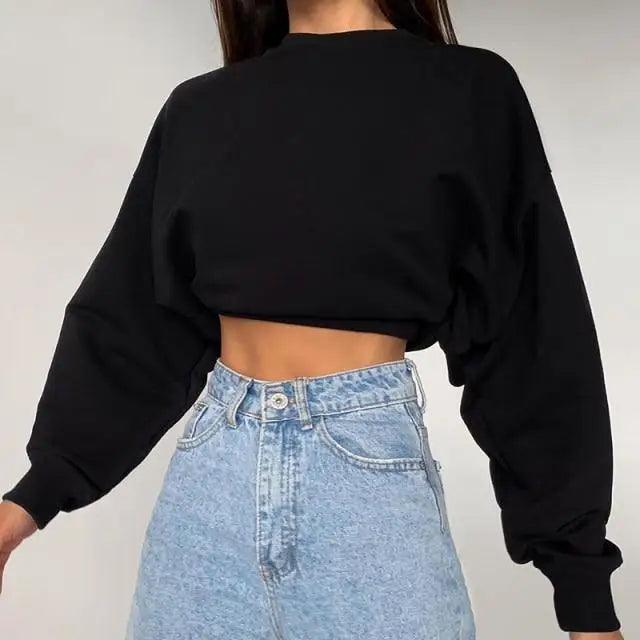 Fashion Women Solid Color Loose Sweatshirts Pullover Tops Long Sleeve Round Collar Crop Tops Ladies Plain Sweet Sweatshirts Neon Crop Top Hoodies for Women Casual Long Sleeve Cropped Hooded Sweatshirt
