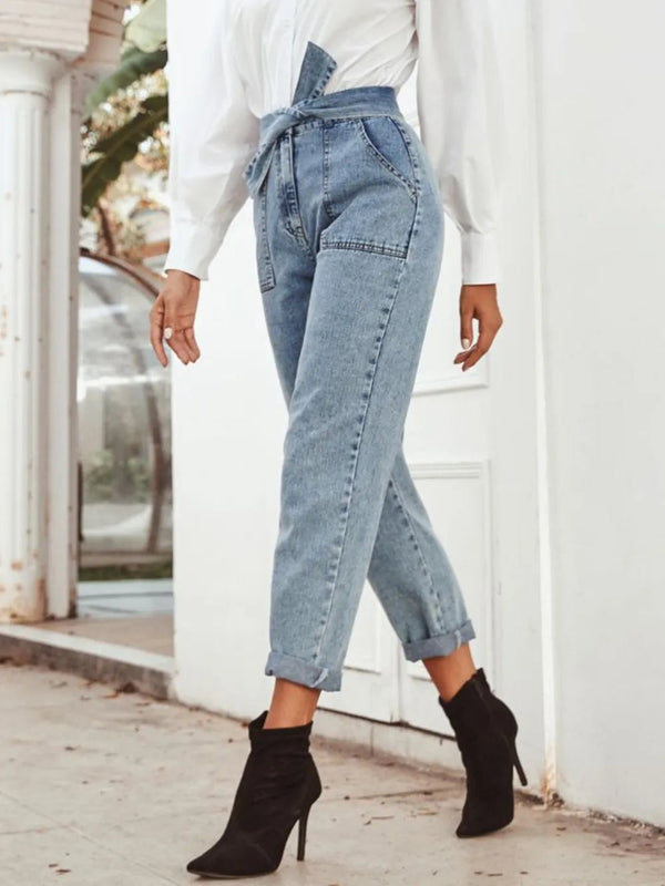 Fashionable and casual high waist slimming straight leg denim pants