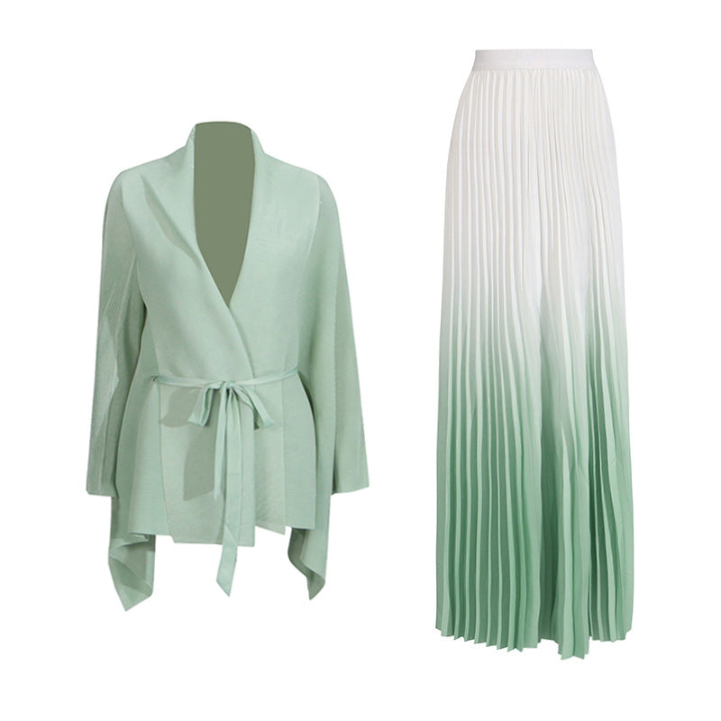 Fashionable casual style set cape shawl style lace up top+pleated skirt