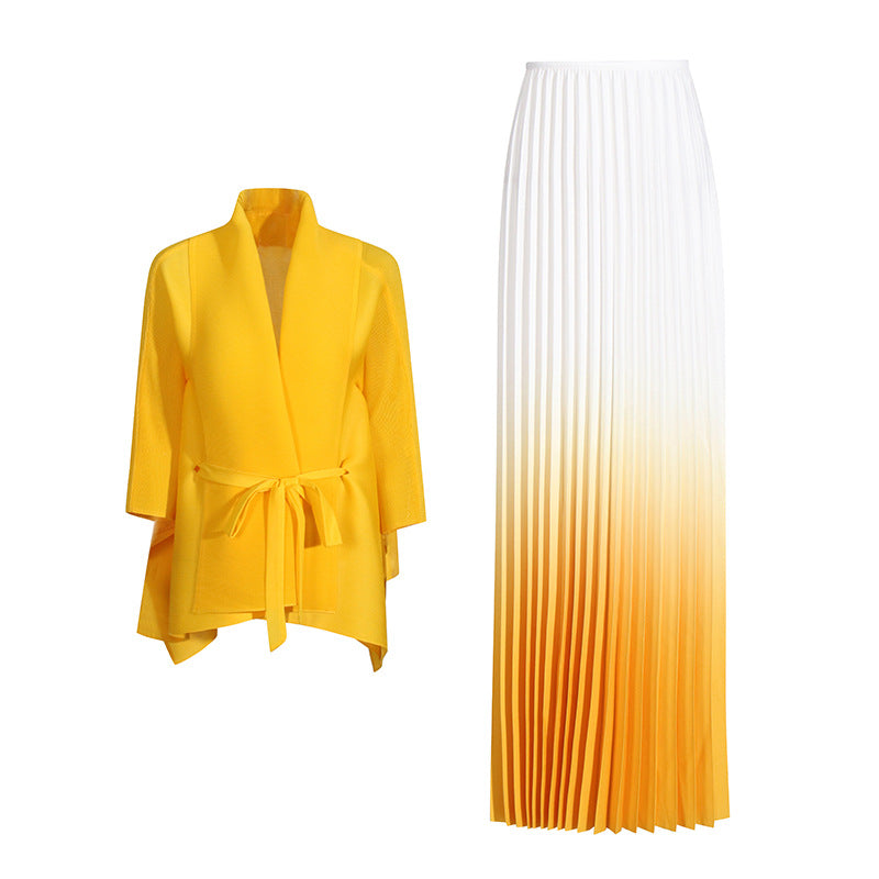 Fashionable casual style set cape shawl style lace up top+pleated skirt