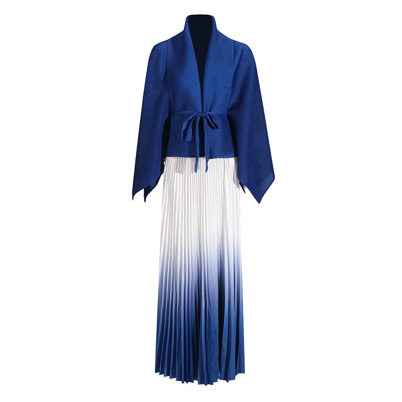Fashionable casual style set cape shawl style lace up top+pleated skirt