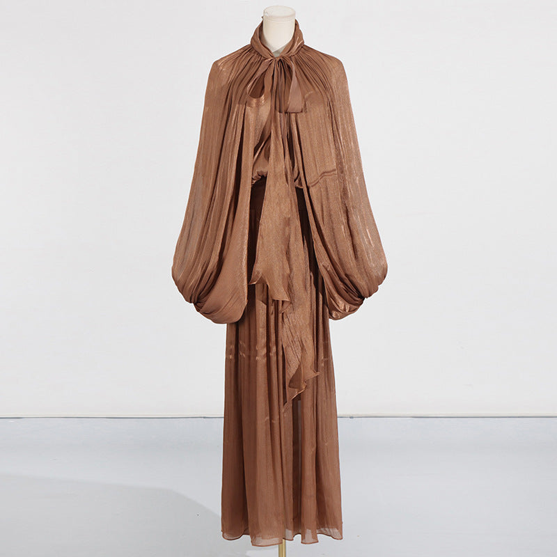 Fashionable niche design bat sleeve lace up pleated dress for women