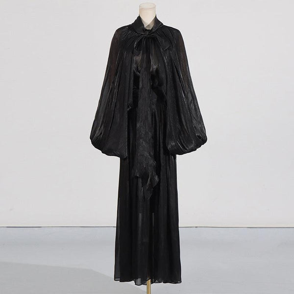 Fashionable niche design bat sleeve lace up pleated dress for women