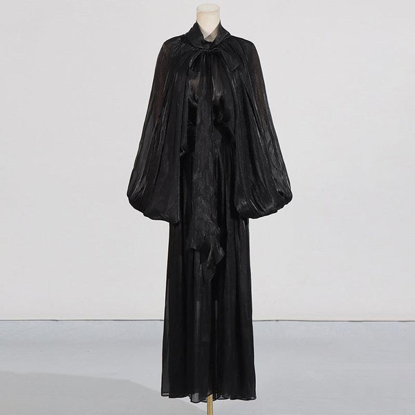 Fashionable niche design bat sleeve lace up pleated dress for women
