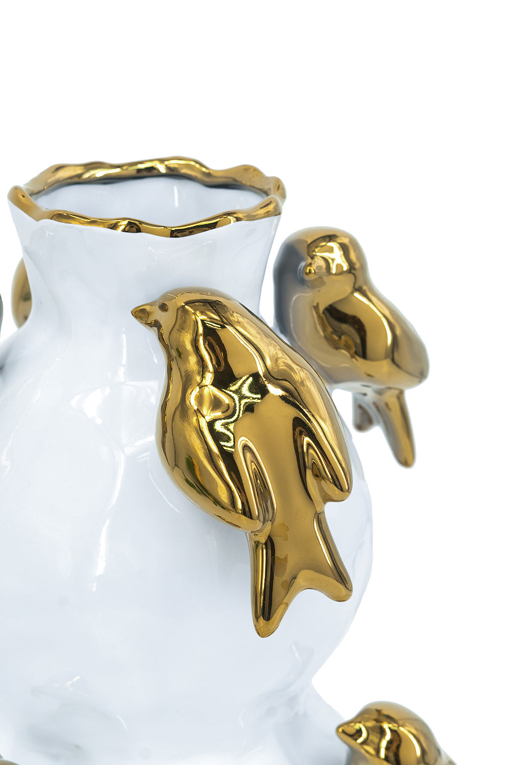 White Ceramic Vase with Gold Bird Accents