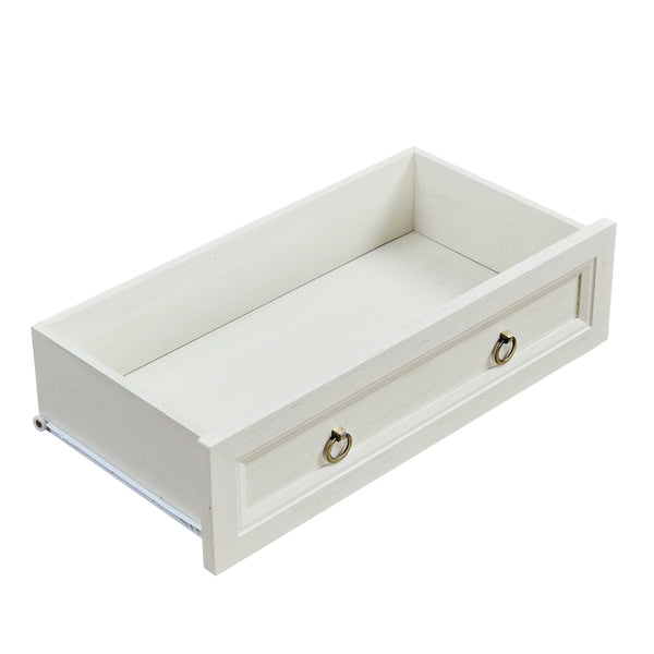 Single drawer from the Farmhouse 5 Drawers Dresser Chests for Bedroom, featuring a white finish and metal ring pulls for easy access.