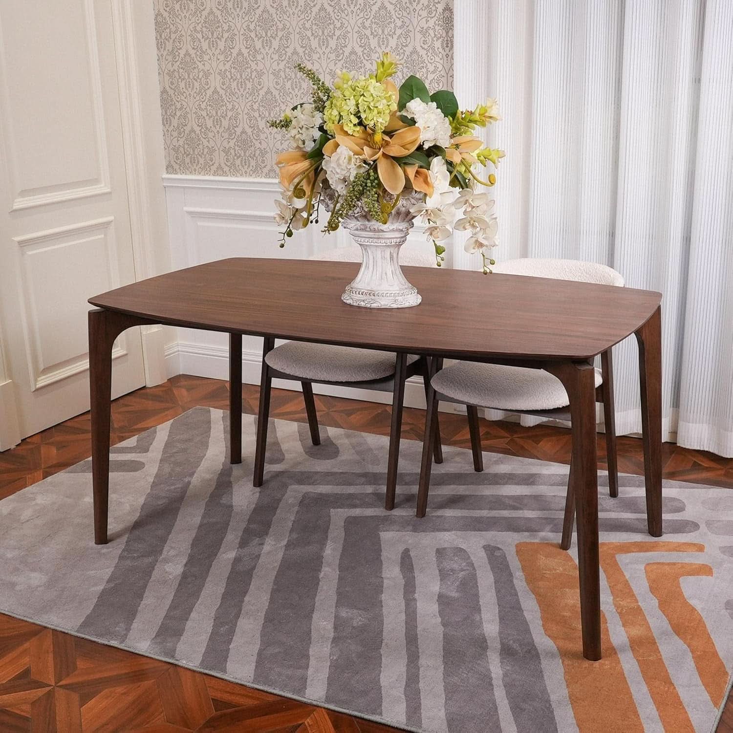 Contemporary Walnut Veneer Dining Table Set Chairs