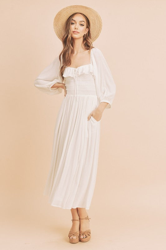 New Summer Ruffled Smocked Square Neck Balloon Sleeve Comfortable Dress – Feminine, Chic, and Elegant for Any Occasion