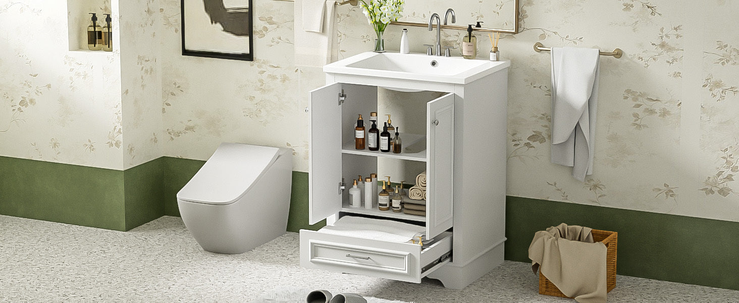 Bathroom Vanity with Ceramic Sink and Modern Freestanding Storage Cabinet, Soft-Close Doors