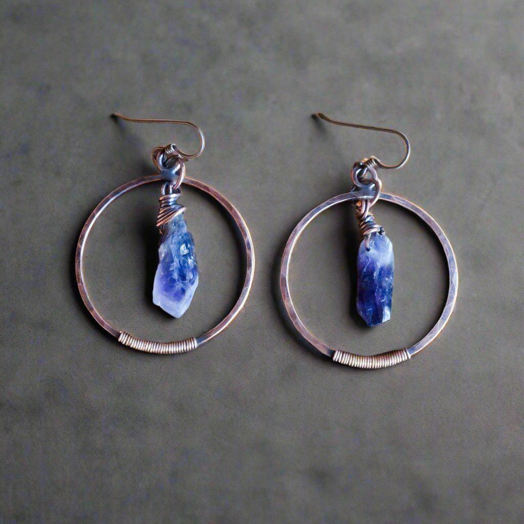 Raw Amethyst Hoops in Copper – Boho | Handmade by Blackbird & Sage