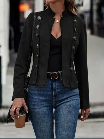 Decorative Button Open Front Long Sleeve Jacket – Elegant Casual Outerwear for Women