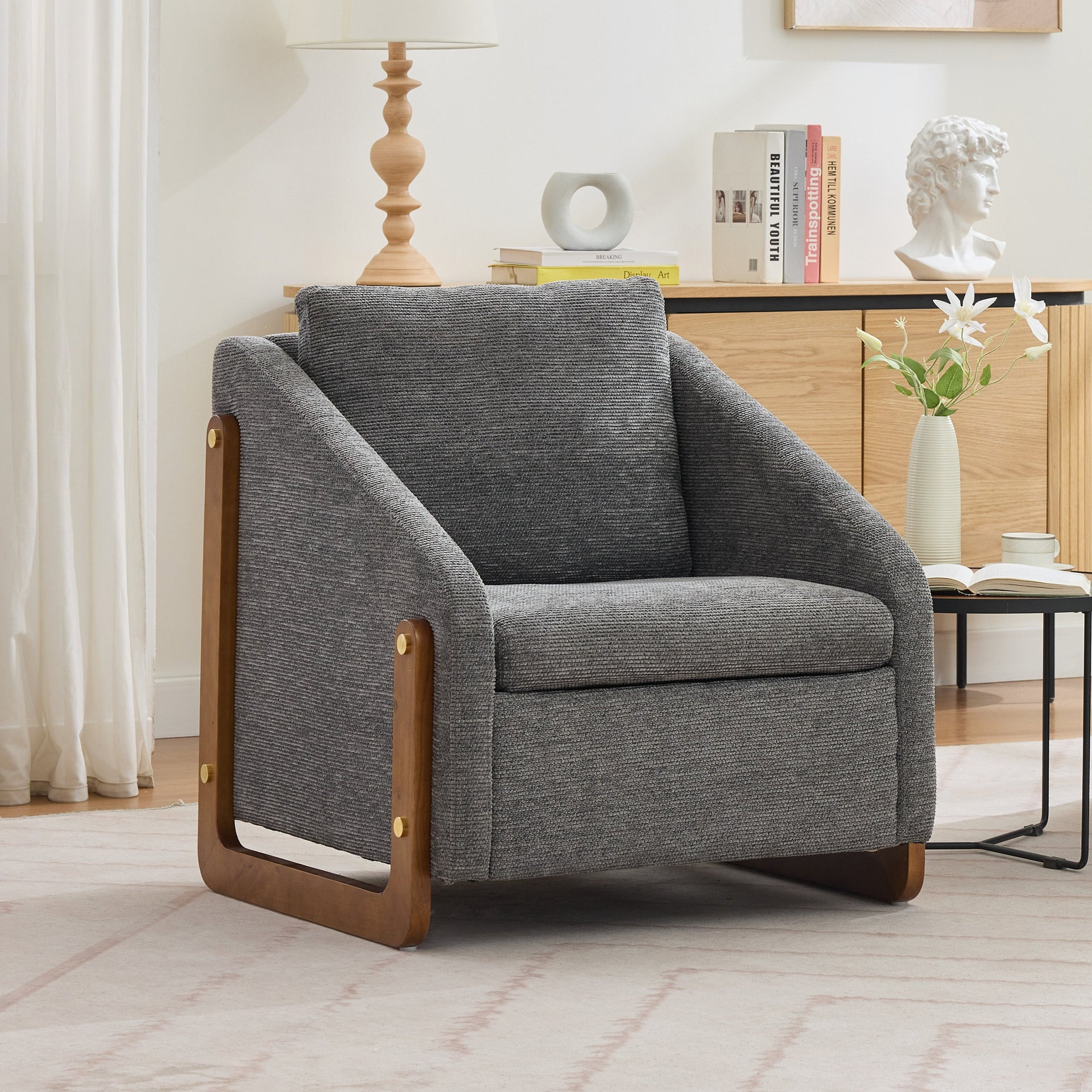 Modern Chenille Upholstered Armchair with Wooden Side Frame in Gray