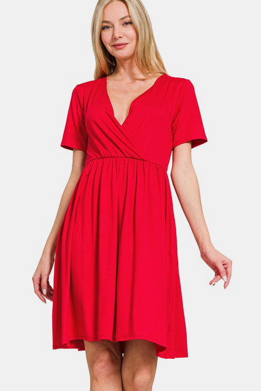 Surplice Short Sleeve Brushed DTY Dress For Dress – Elegant, Flattering Surplice Neckline, Soft Brushed Fabric, Comfortable and Versatile Dress for All-Day Wear