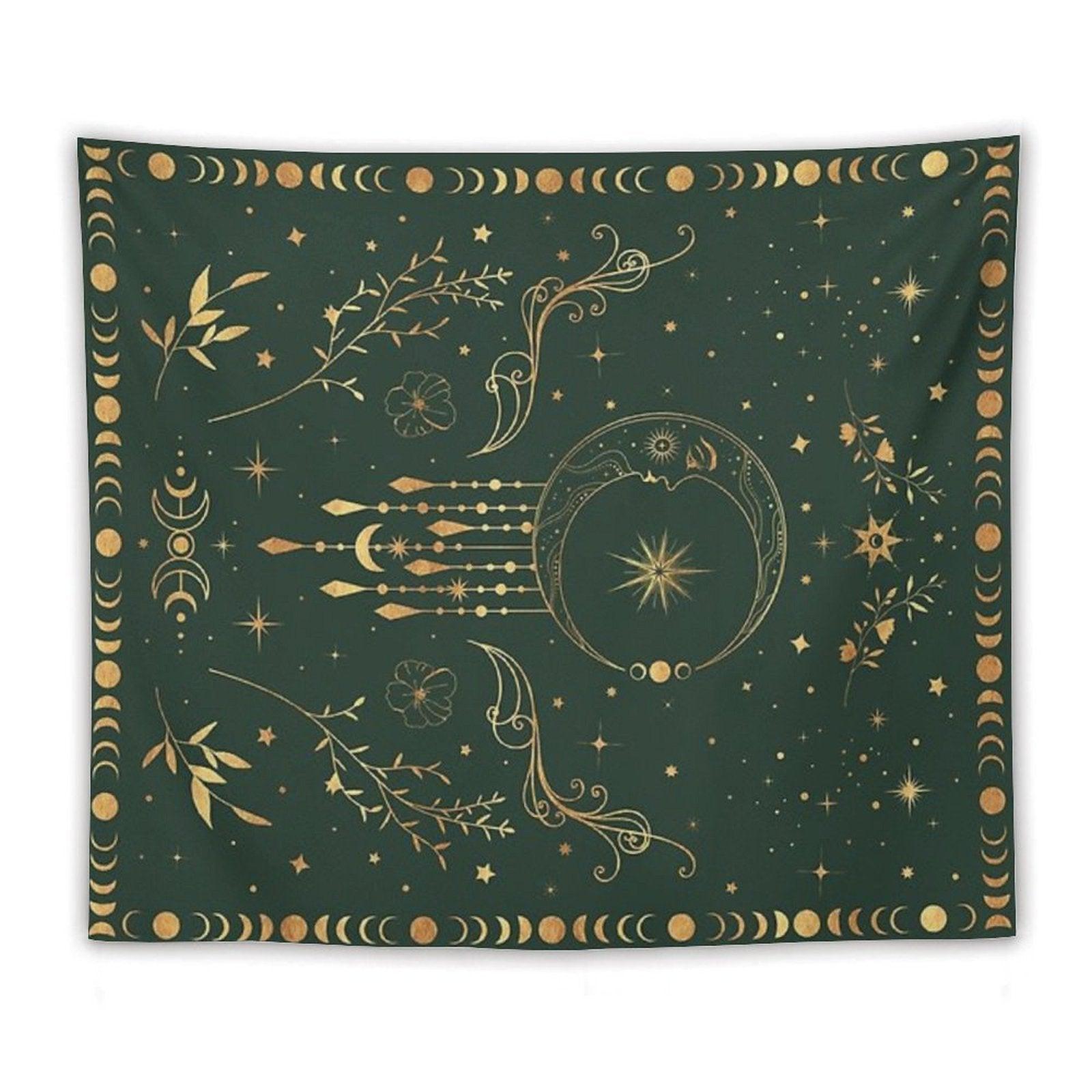 Sage Green And Gold Celestial Crescent Moon with Floral Accents And Moon Phase Tie Dye Tapestry