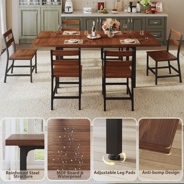 Walnut 63 Inch Extendable Dining Table Set For Six Chairs