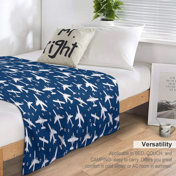 Blue And White Aeroplanes Silhouette Pattern Throw Blanket