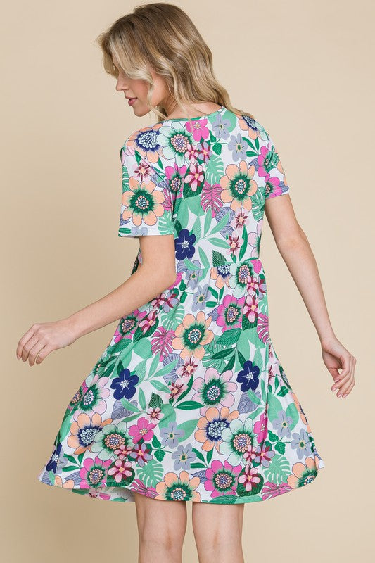 Ruched Floral V-Neck Short Sleeve Summer Dress – Flattering and Feminine Dress with a Chic V-Neckline and Ruched Detailing