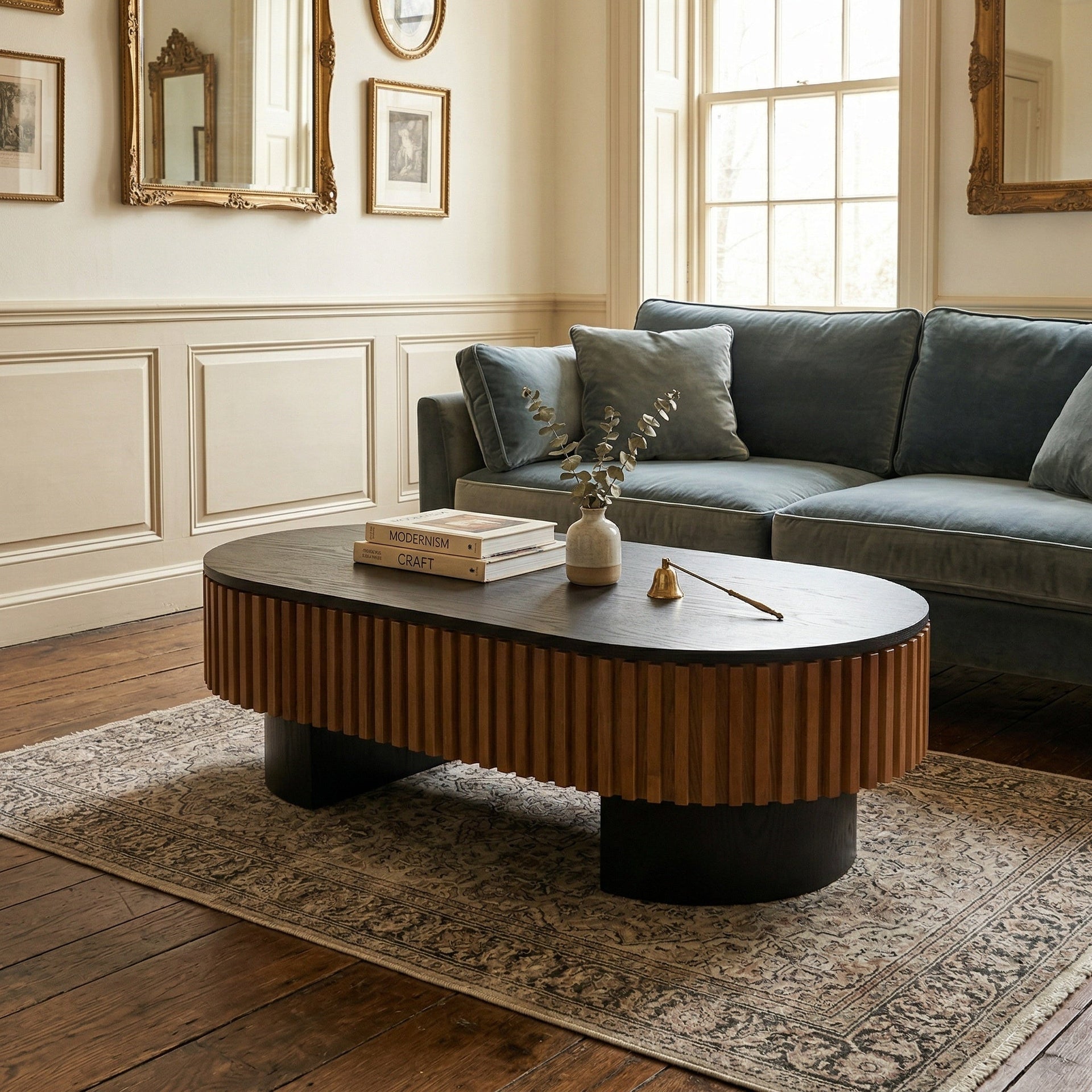 French Inspired Elliptical Living Room Coffee Table with Hidden Storage