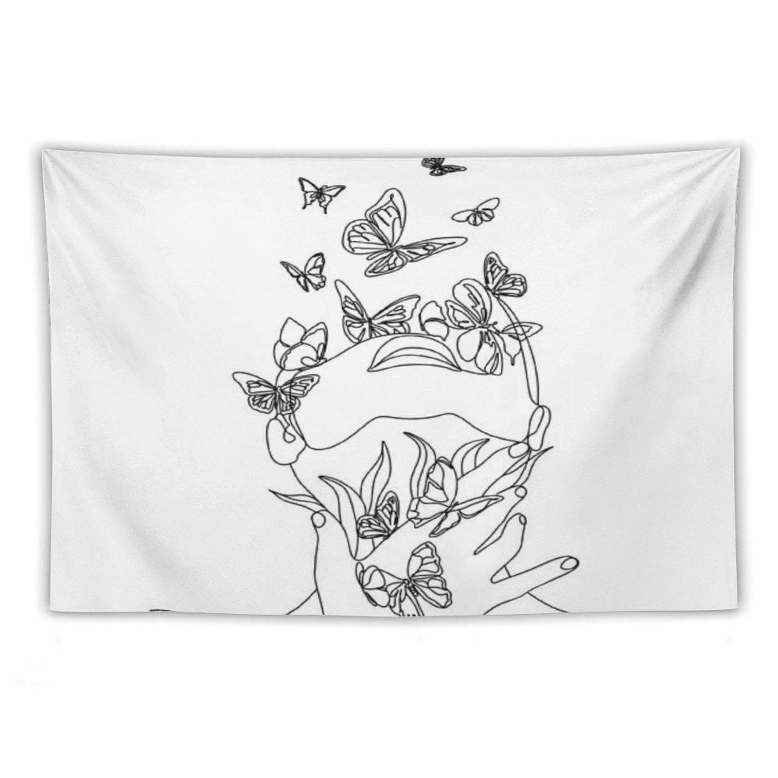 Abstract Face with Butterfly by One Line Drawing. Portrait Minimalistic Style.  Botanical Print. Nature Symbol of Cosmetics. Mod Tapestry