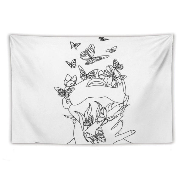 Abstract Face with Butterfly by One Line Drawing. Portrait Minimalistic Style.  Botanical Print. Nature Symbol of Cosmetics. Mod Tapestry