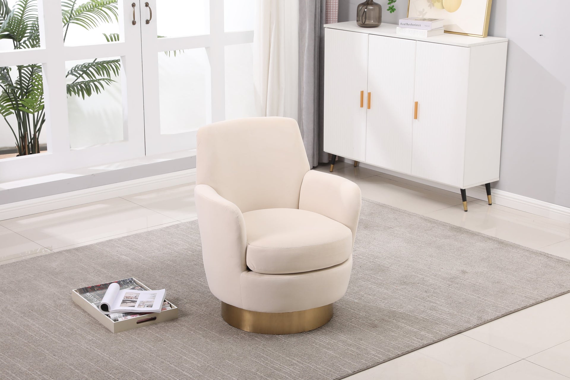 Beige Orange Velvet Swivel Barrel Chair