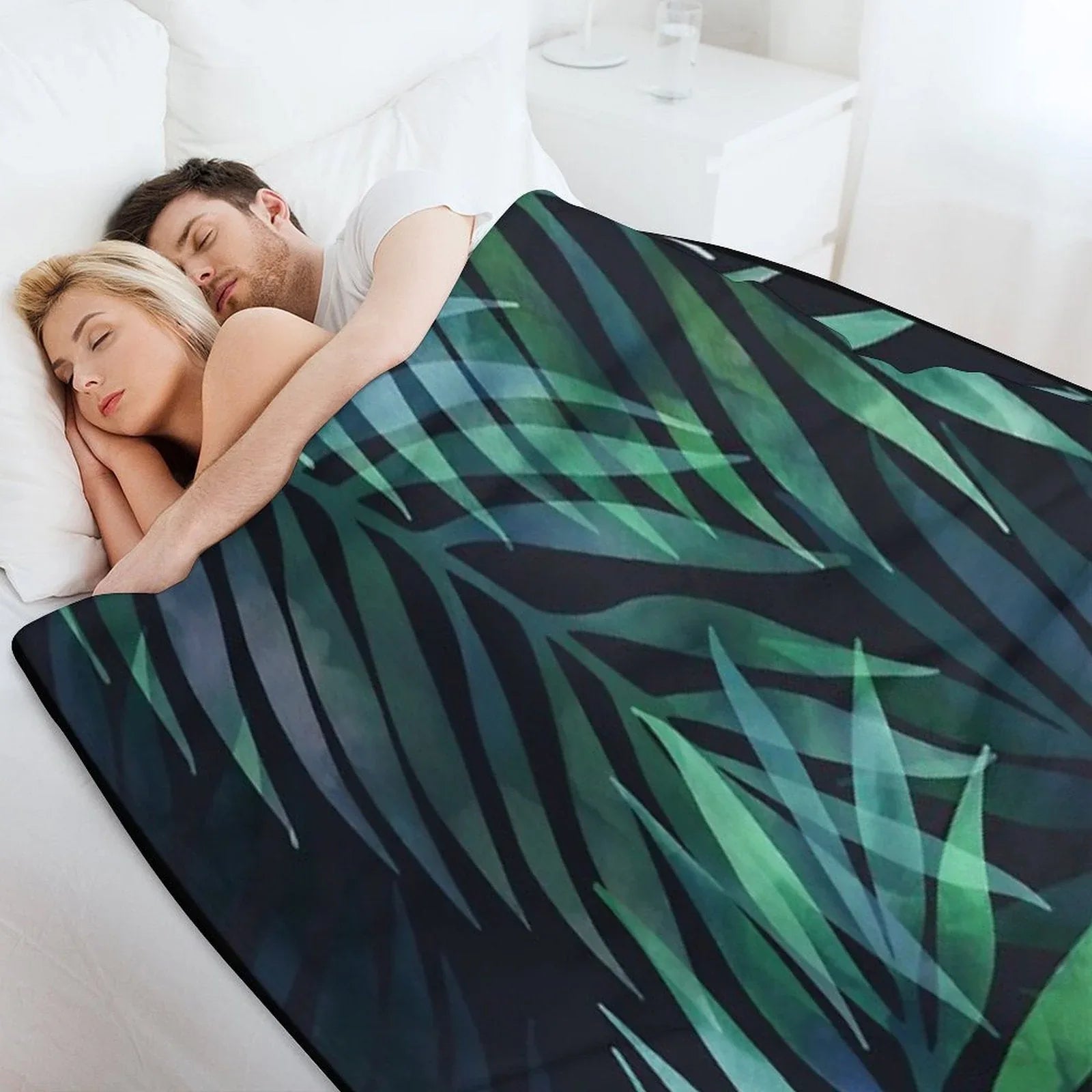 Dark Green Palms Leaves Pattern Throw Blanket