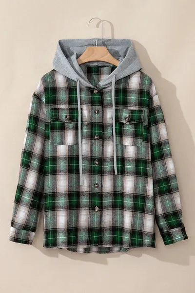 Dark Green Drawstring Pocketed Plaid Hooded Jacket Cozy & Trendy Checkered Outerwear For All Seasons