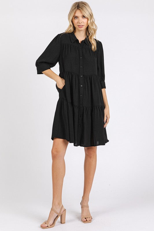 Button Detail Collared Neck Tiered Shirt Dress For Women – Classic Elegant, Fluttering, Chic, and Versatile For Any Occasion