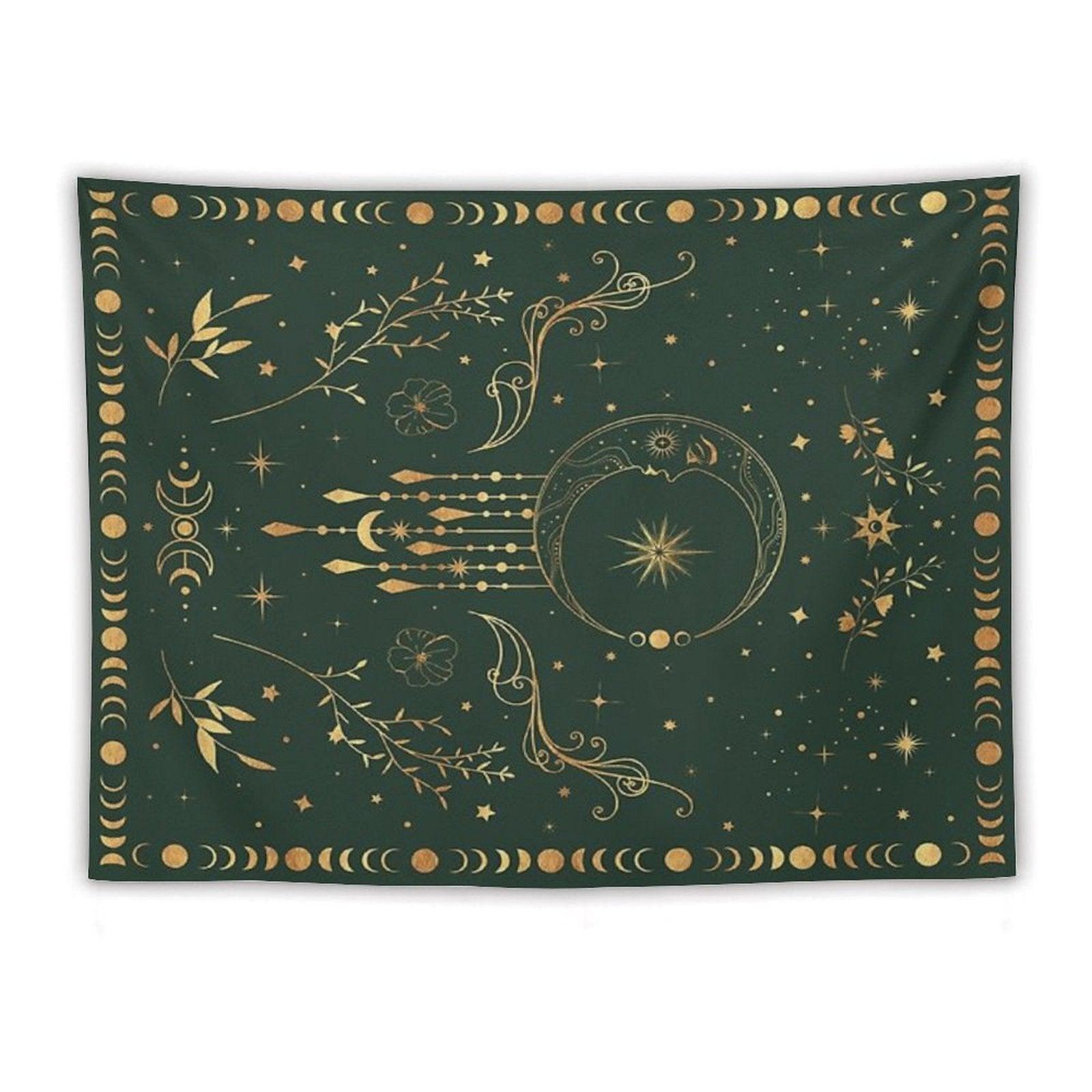 Sage Green And Gold Celestial Crescent Moon with Floral Accents And Moon Phase Tie Dye Tapestry