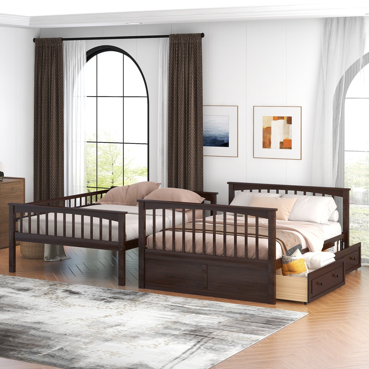 Full Over Full Bunk Bed With Drawers, Convertible Beds, Gray