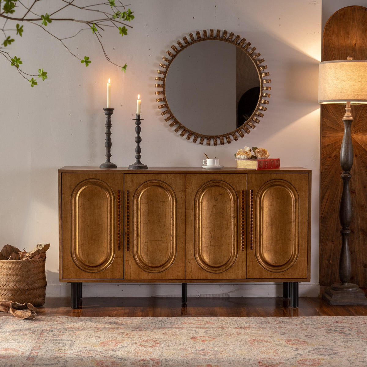 Antique Gold Sideboard Buffet Cabinet with Arched Doors