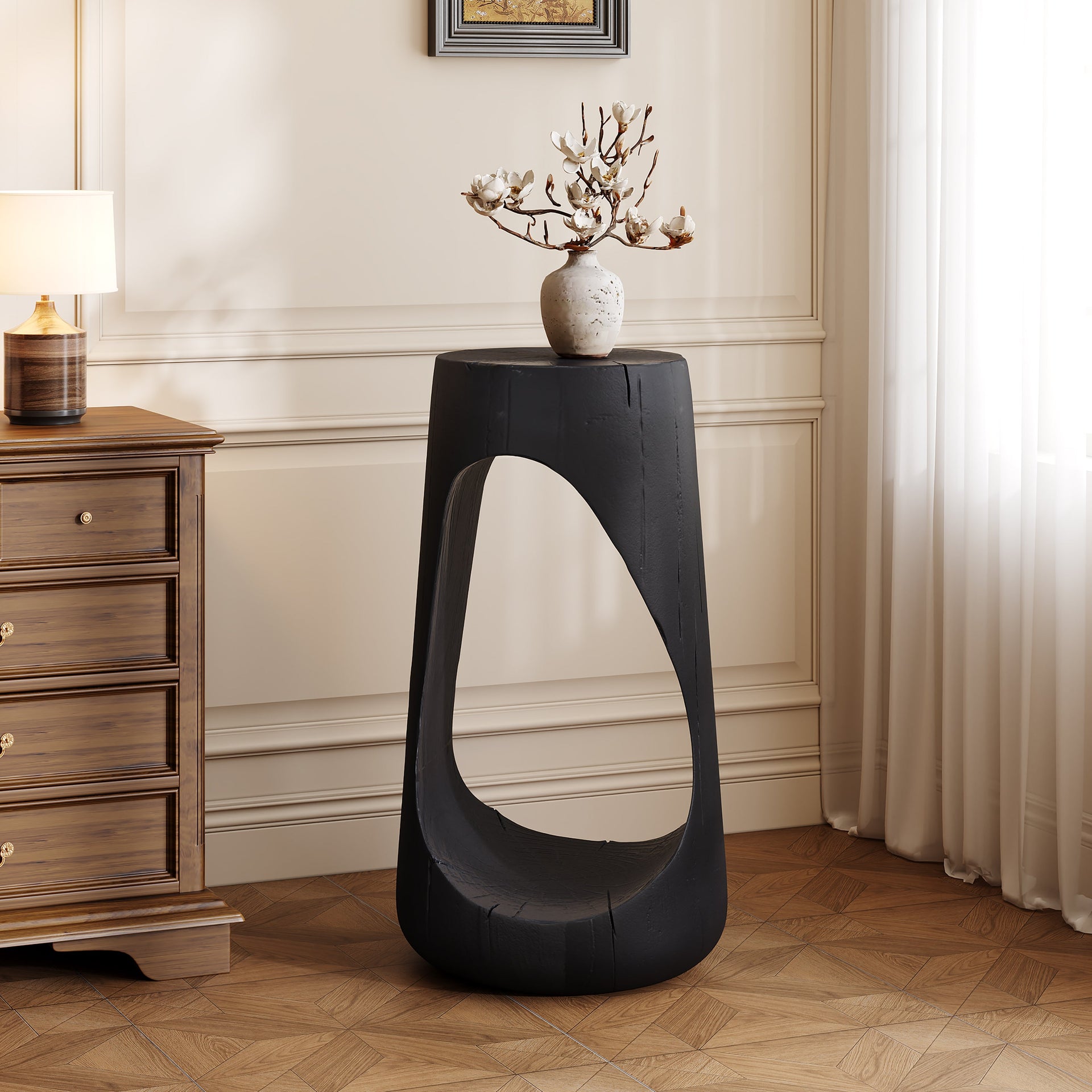 Hollow Design End Table with Wood Like Texture, and Black Color
