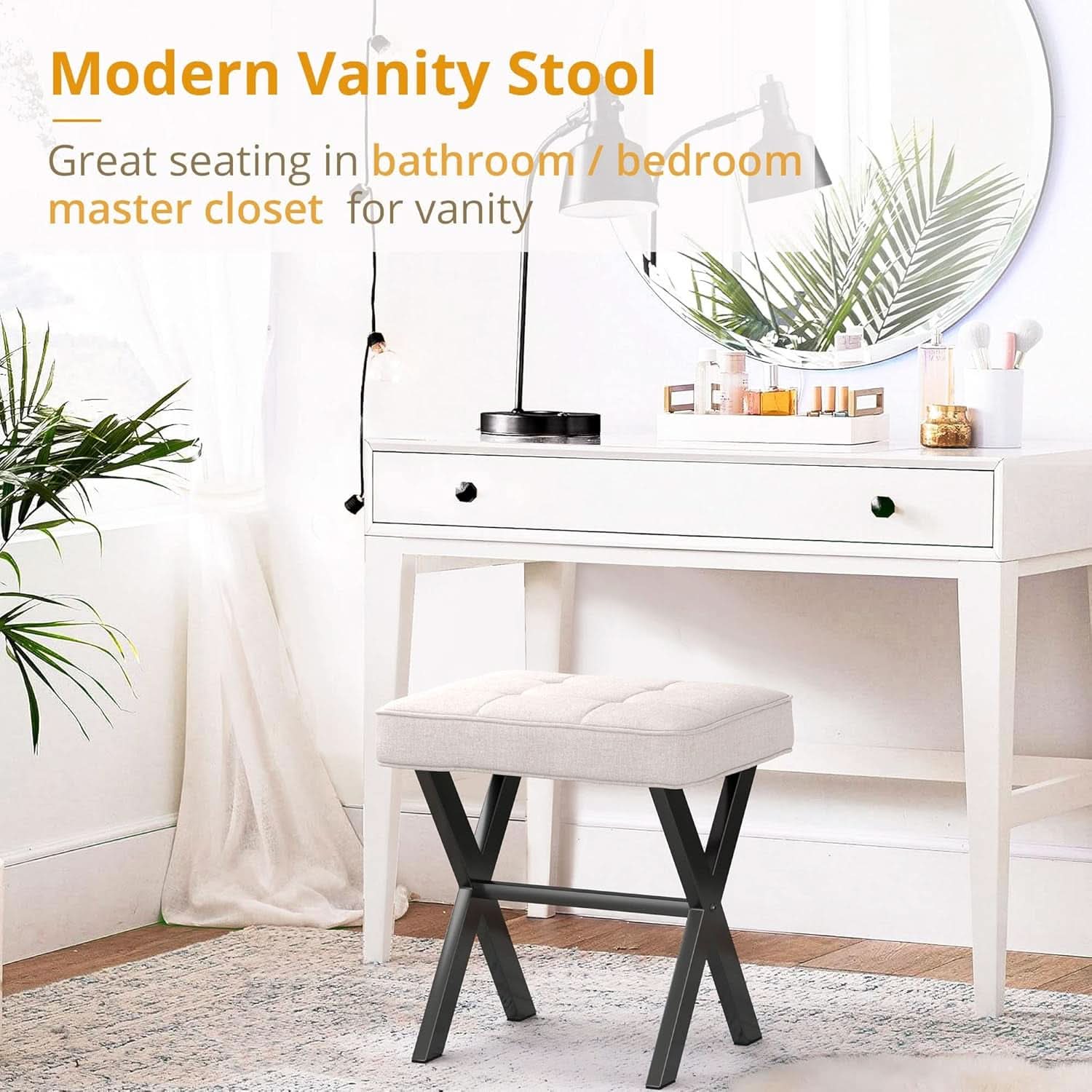 Linen Vanity Ottoman Foot Stool 16.9x12.9x18 Inches