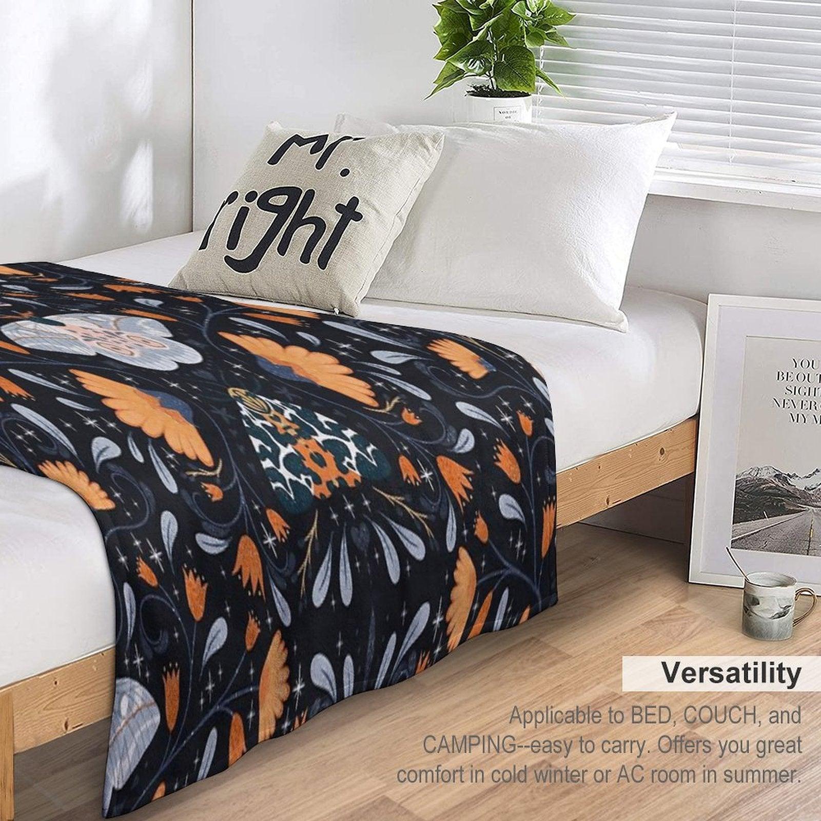 Floral Moths  Black Throw Blanket