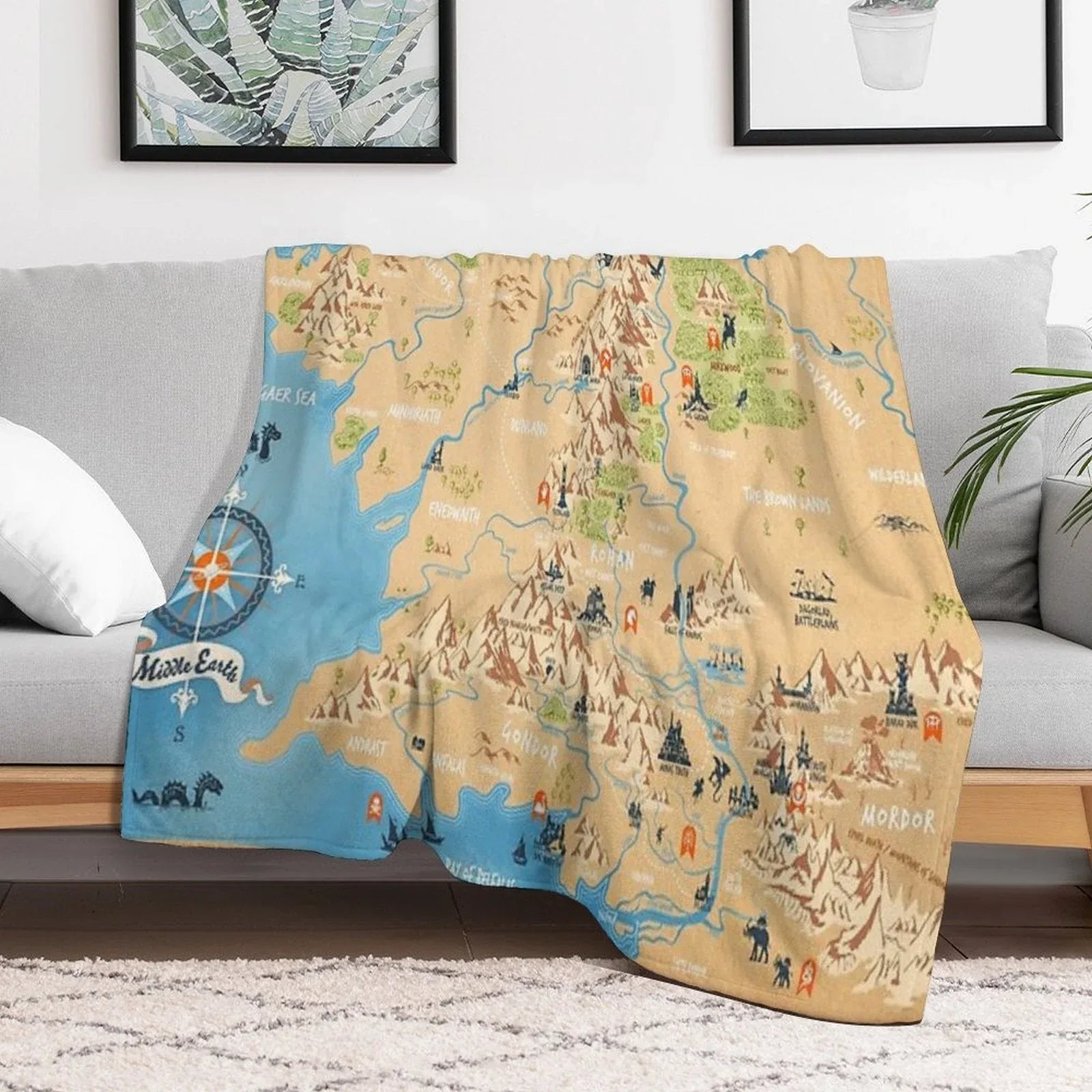 Tolkien - Middle Earth Map,  Simple Icon Illustrations Throw Blanket