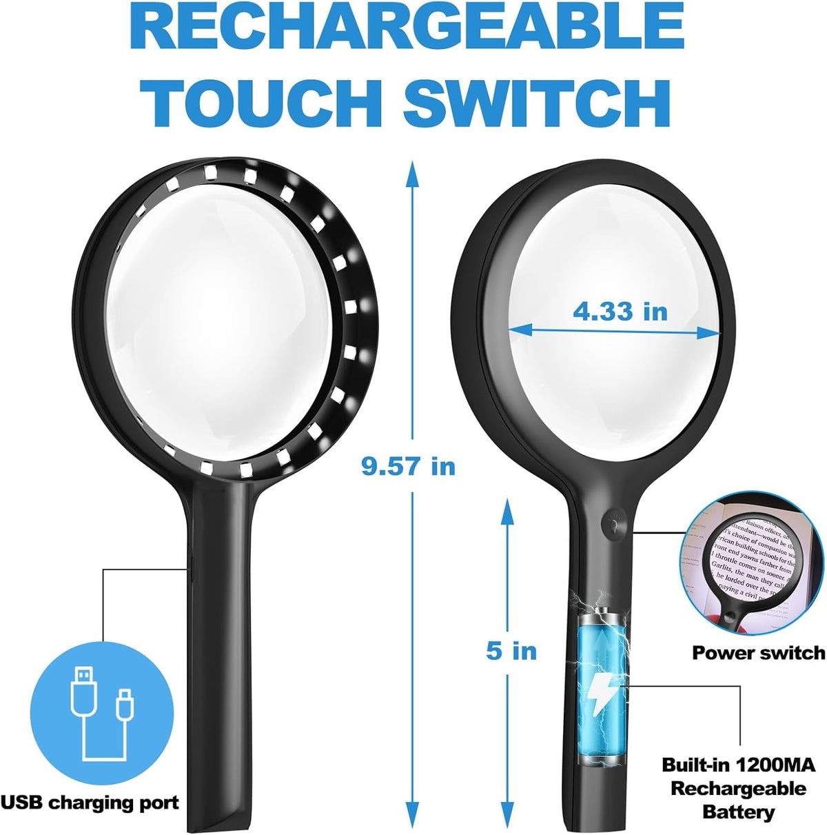 30X LED Magnifying Glass with Light | Large Handheld Magnifier for Reading & Inspection