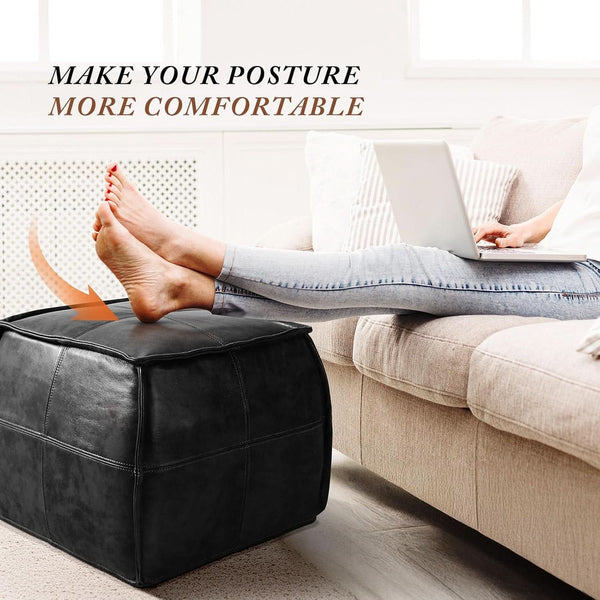 Genuine Full Grain Leather Ottoman Memory Foam Pouf Black