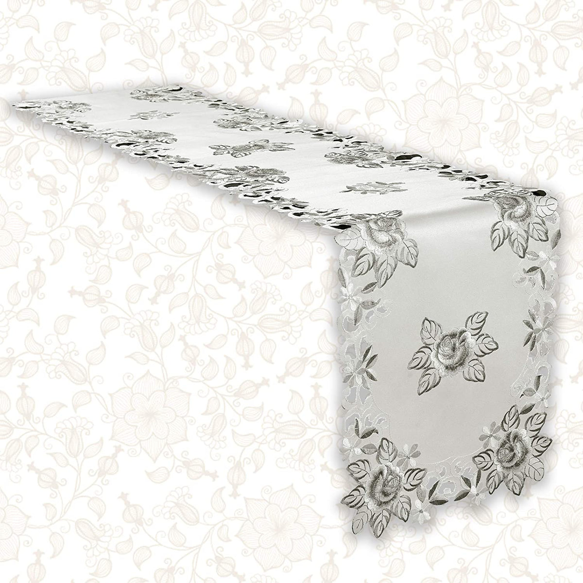 European Embroidered Table Runner – Rustic Gray Dining Linen Decor 14x108 Inches