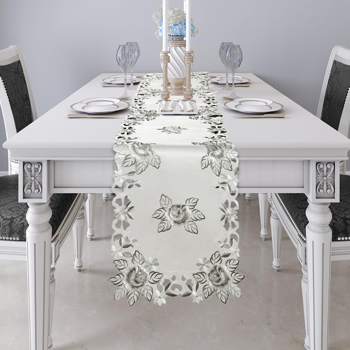 European Embroidered Table Runner – Rustic Gray Dining Linen Decor 14x108 Inches