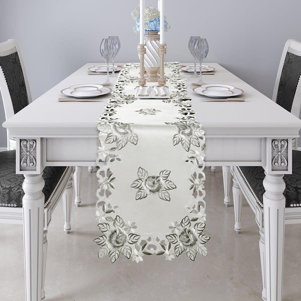 European Embroidered Table Runner – Rustic Gray Dining Linen Decor 14x108 Inches