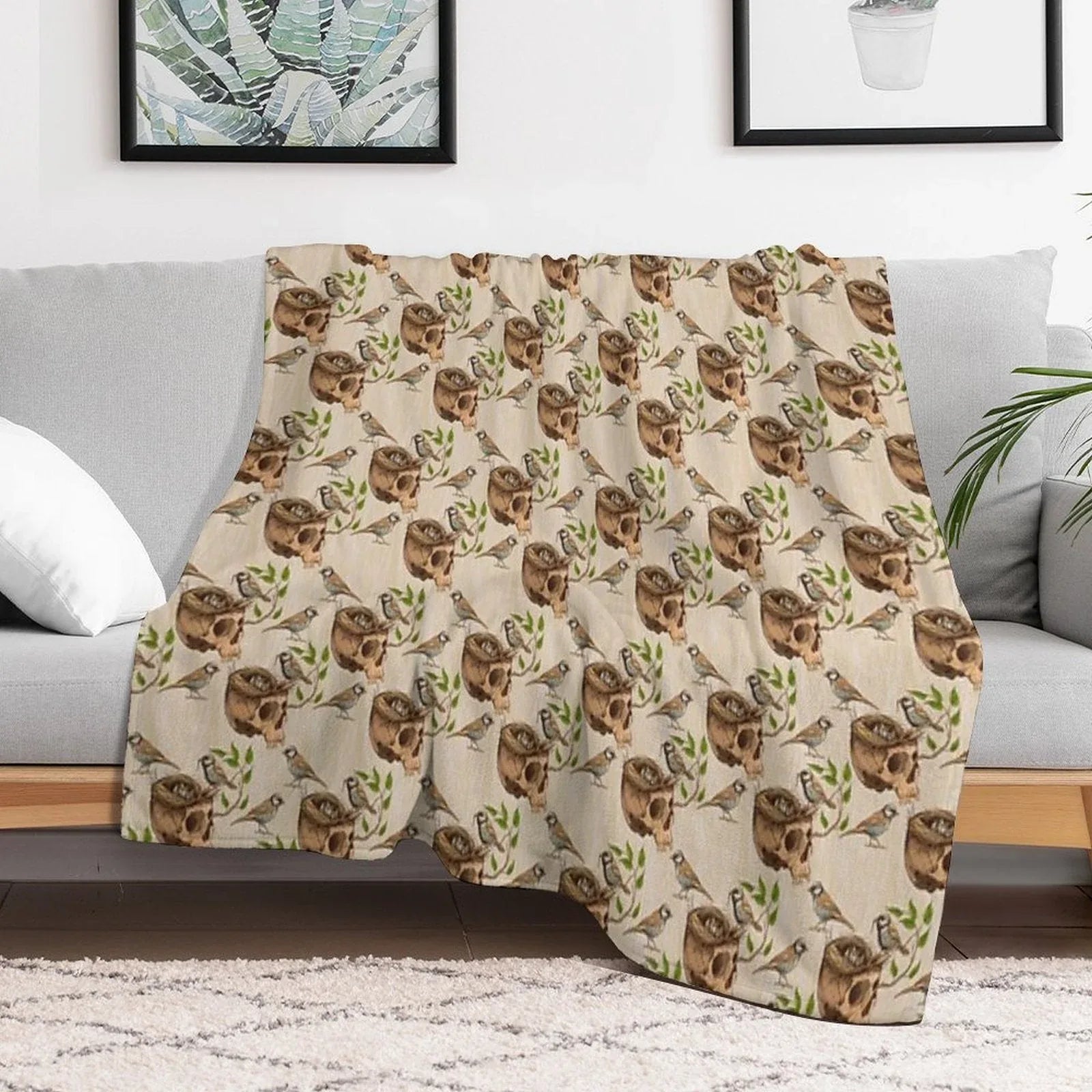 Black And White Illustration of Birds Making A Nest in Animal Skull Throw Blanket
