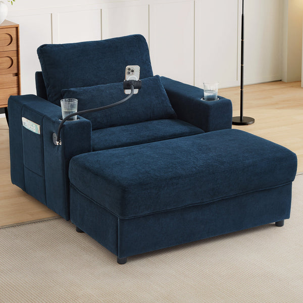 Modern Style Armchair Chaise Lounge  with Movable Storage Ottoman, USB Ports, and Cup Holders