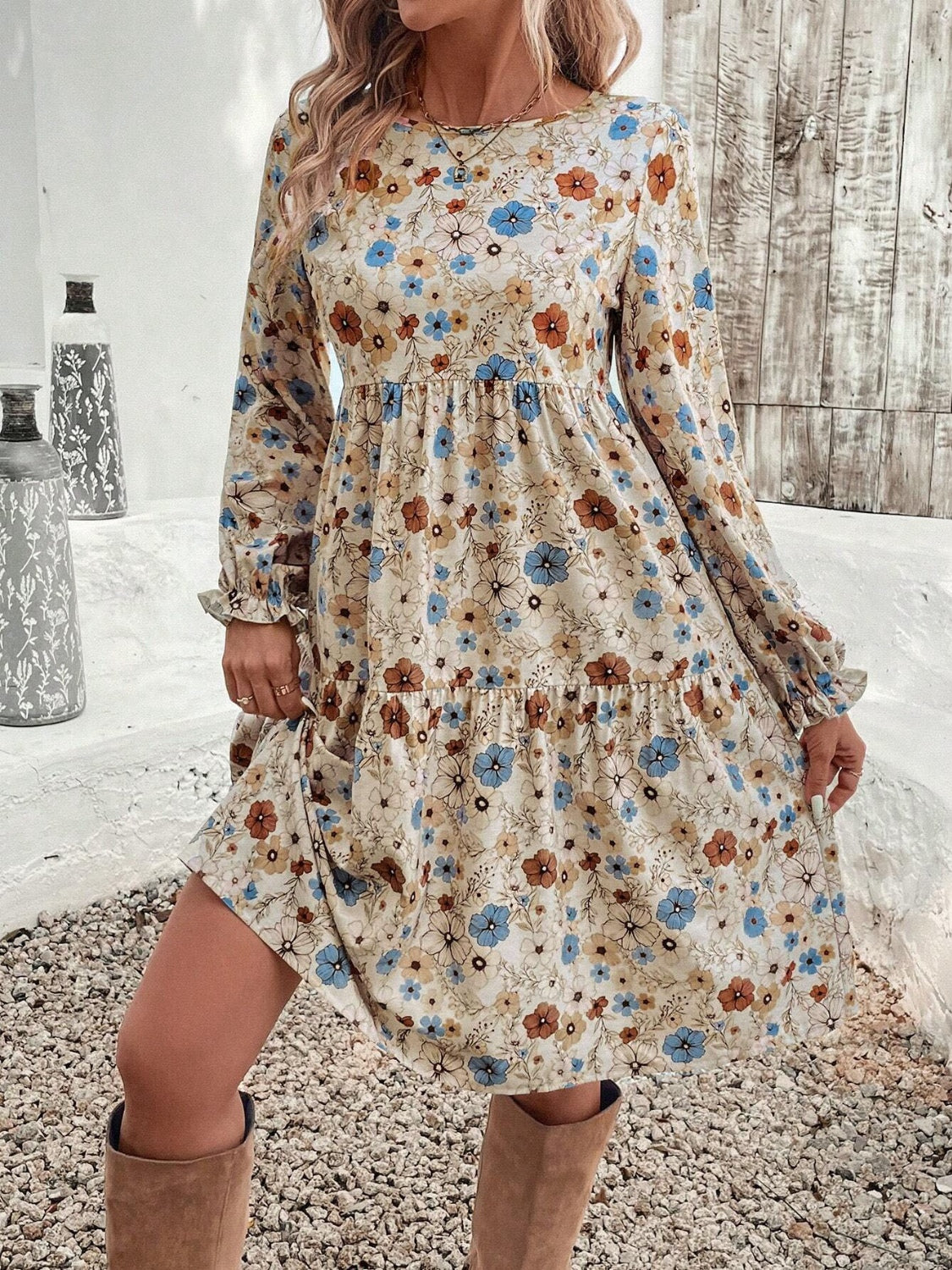 Tiered Floral Round Neck Long Sleeve Dress Elegant Summer Lightweight Breathable Dress