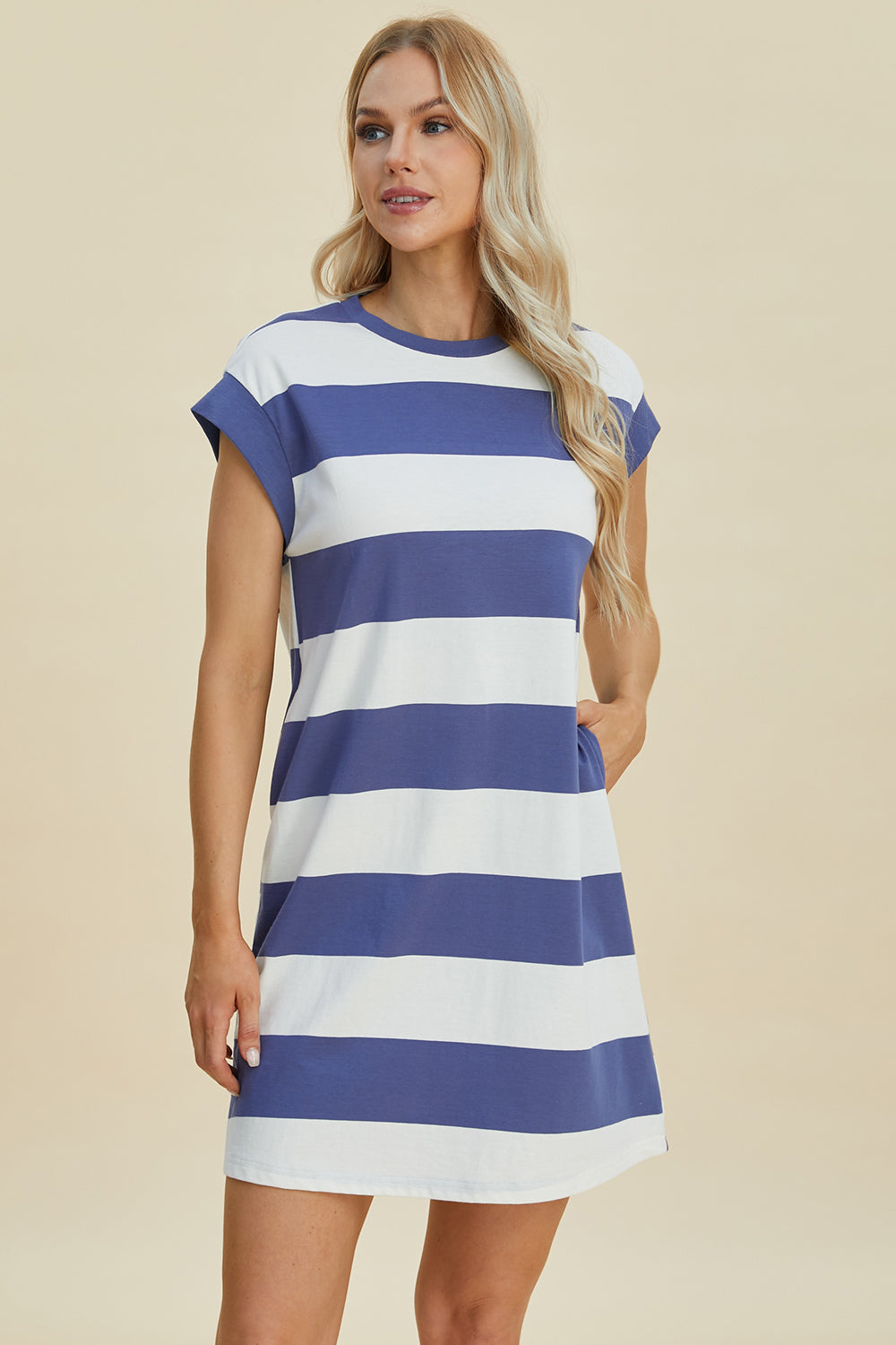Full Size Striped Round Neck Cap Sleeve Mini Dress For Women – Striped Mini Dress, Full-Size Round Neck Dress, Comfortable Cap Sleeve Dress, Chic Striped Dress, Flattering Mini Dress, Casual Everyday Dress, Versatile Striped Dress