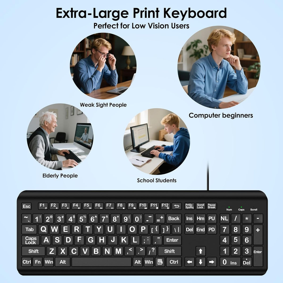 Large Print Wired Keyboard – 4X Oversized Letters for Visually Impaired, Seniors & Beginners