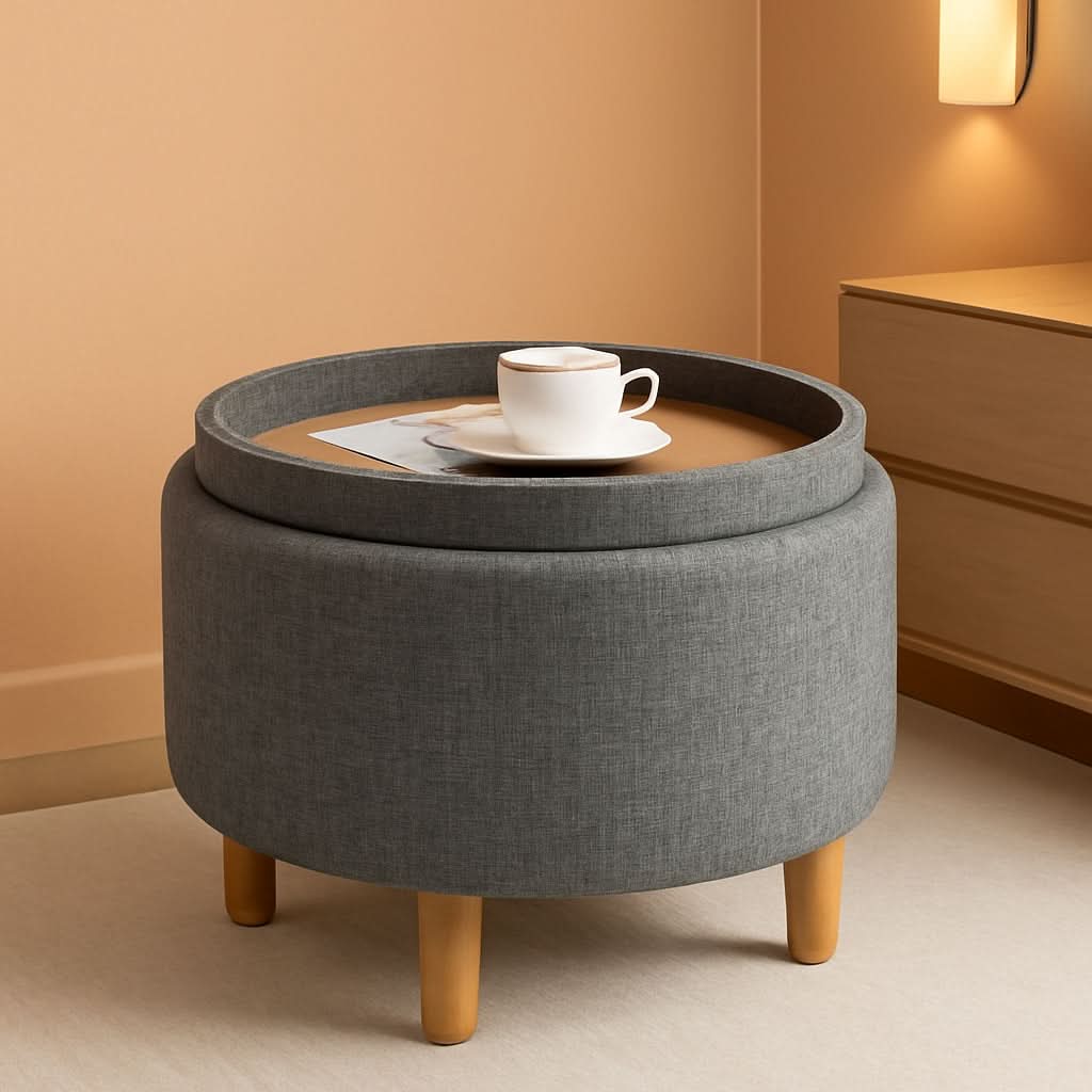 Grey Premium Microfiber Storage Ottoman Large Tray