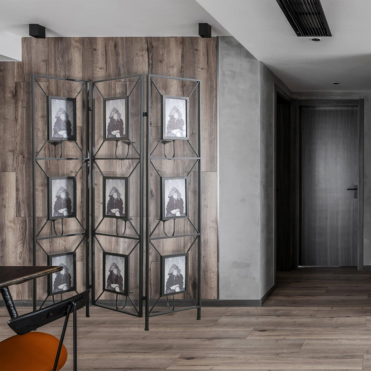 Vintage Black Metal Room Divider with Photo Frames, Antique Mirrors & Candle Holders